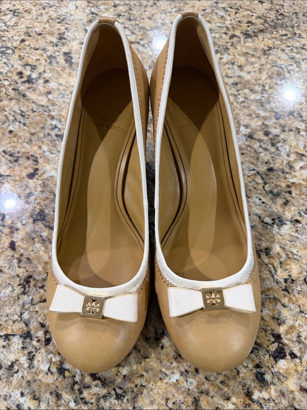 Tory Burch Tan and White Bow Ballet Wedges